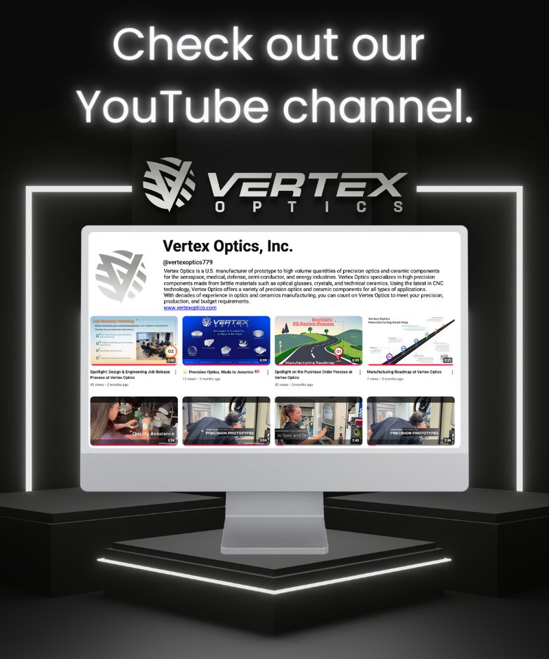 📺 Step inside Vertex Optics!
Custom optics, CNC grinding, interferometric inspection &amp; more.

Vertex Optics YouTube channel – subscribe today:
 youtube.com/@vertexoptics7…

🇺🇸 Made in the USA | ITAR Registered | ISO 9001:2015 Certified