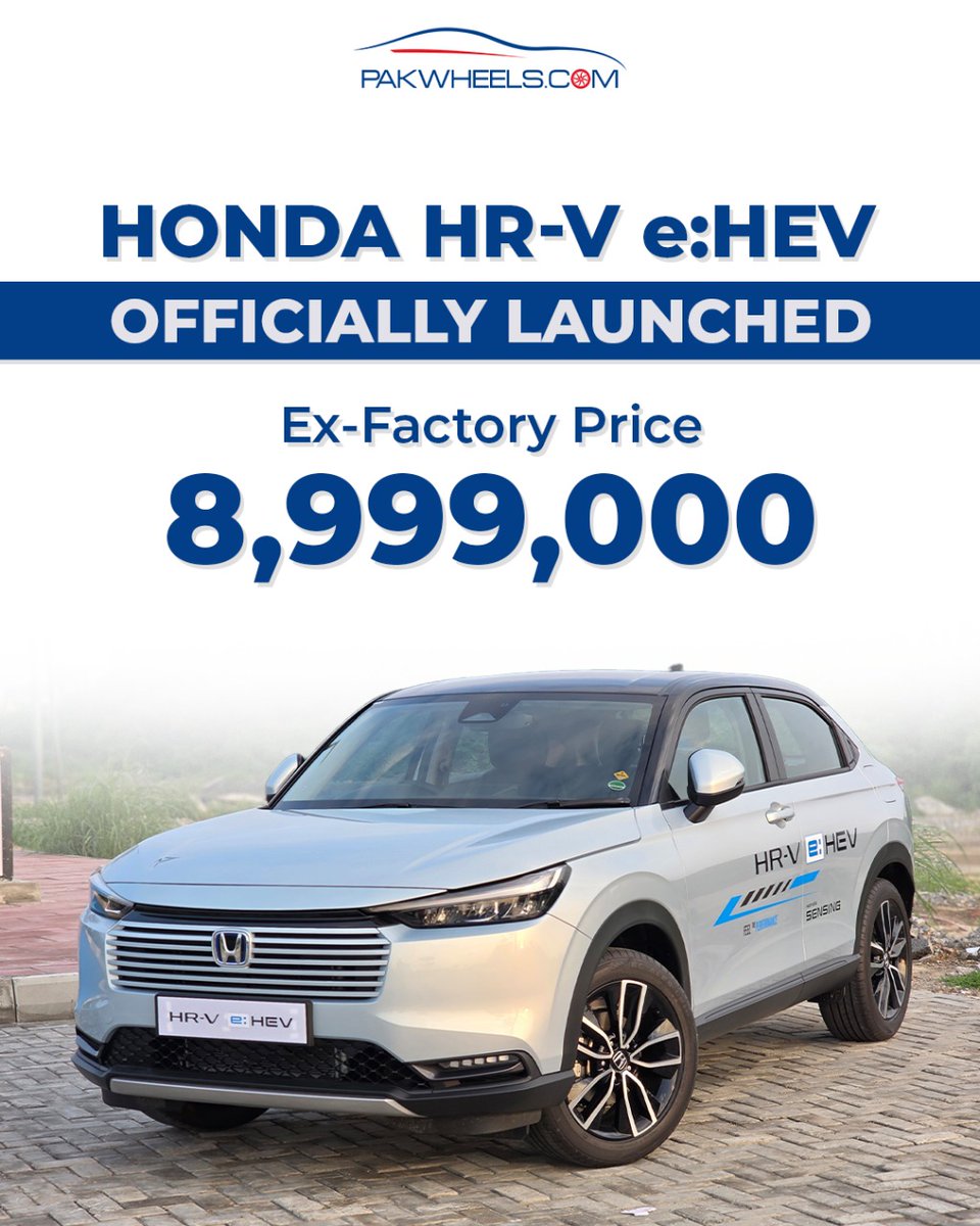 PakWheels's tweet image. Honda HR-V e:HEV Hybrid officially launched in Pakistan with an ex-factory price of Rs. 8,999,000.

The first-ever locally assembled hybrid by Honda ⚡
#pakwheels #honda #carlaunch