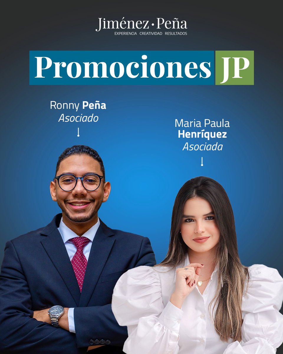 Con mucha satisfacción compartimos las promociones de Ronny Peña y Maria Paula Henriquez a Asociados de la firma, como reconocimiento a los méritos alcanzados en sus jóvenes carreras y su identificación con nuestros valores.⁠ 

¡Felicidades a ambos!⁠

⁠#JP