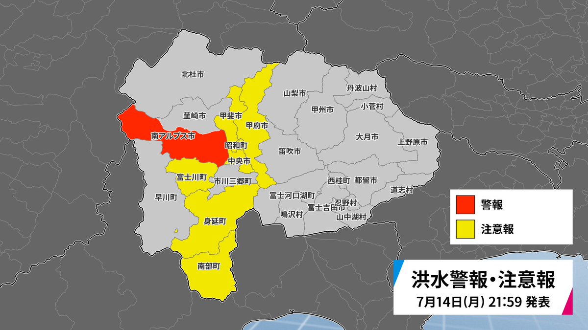 【速報】
#山梨 ⚠️大雨・洪水警報発表

14日21時59分、甲府市などに大雨・洪水警報が発表。15日明け方にかけて低い土地の浸水や河川の増水に警戒が必要。

雨雲の動きが遅く、まだまだ大雨が続く可能性も。気象庁のサイト”キキクル”を使い、いる場所の災害の危険度の確認を‼️

jma.go.jp/bosai/#pattern…