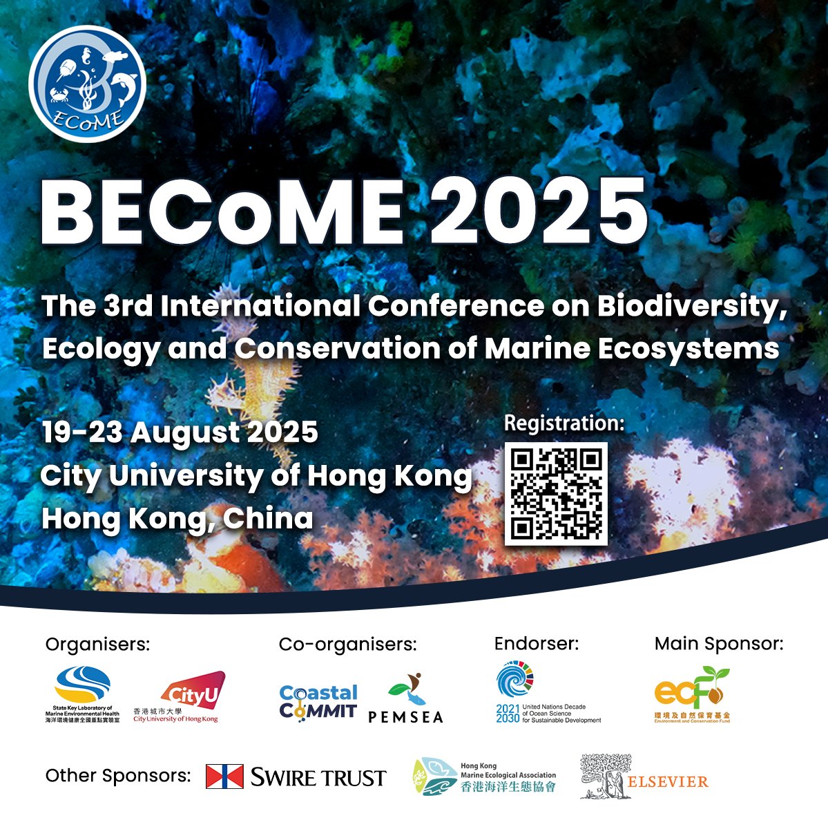 📢BECoME-2025: REGISTRATION OPEN!📢
📅19-23 Aug 2025 | CityUHK
🌊Focus: Marine conservation, biodiversity, sustainable fisheries &amp; climate impacts...
⏰Poster Slots still available: bit.ly/44Heo6E
🔗Register Now: epay.cityu.edu.hk/BECoME2025
#BECoME2025