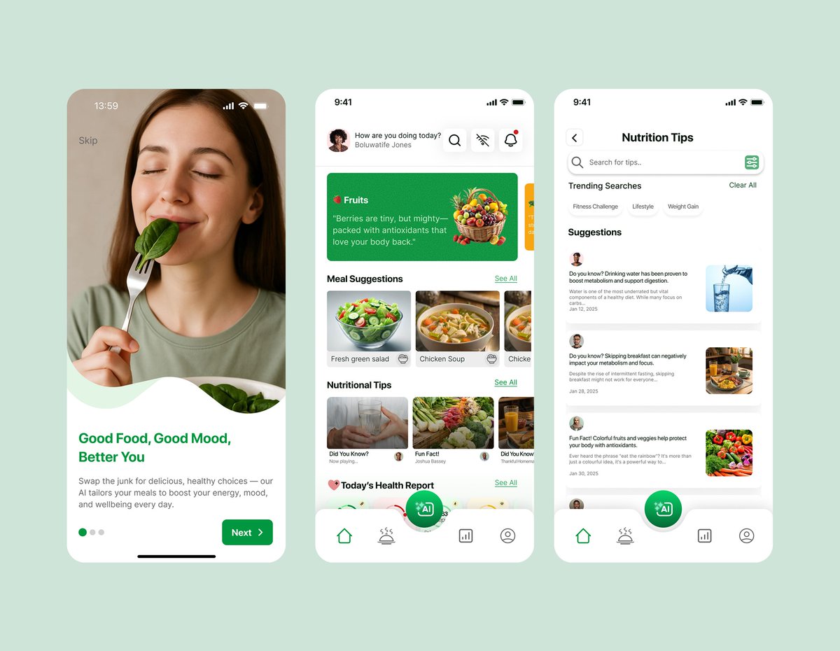 moyinanastasia's tweet image. Excited to work with an amazing team on a Personalised Nutrition AI Ecosystem, a smart solution for healthy eating, meal tracking, and nutrition insights.
Grateful to @ux_thrive for the opportunity!
Case study link: behance.net/gallery/230087…
#UXDesign #HealthTech #AI #UXThrive