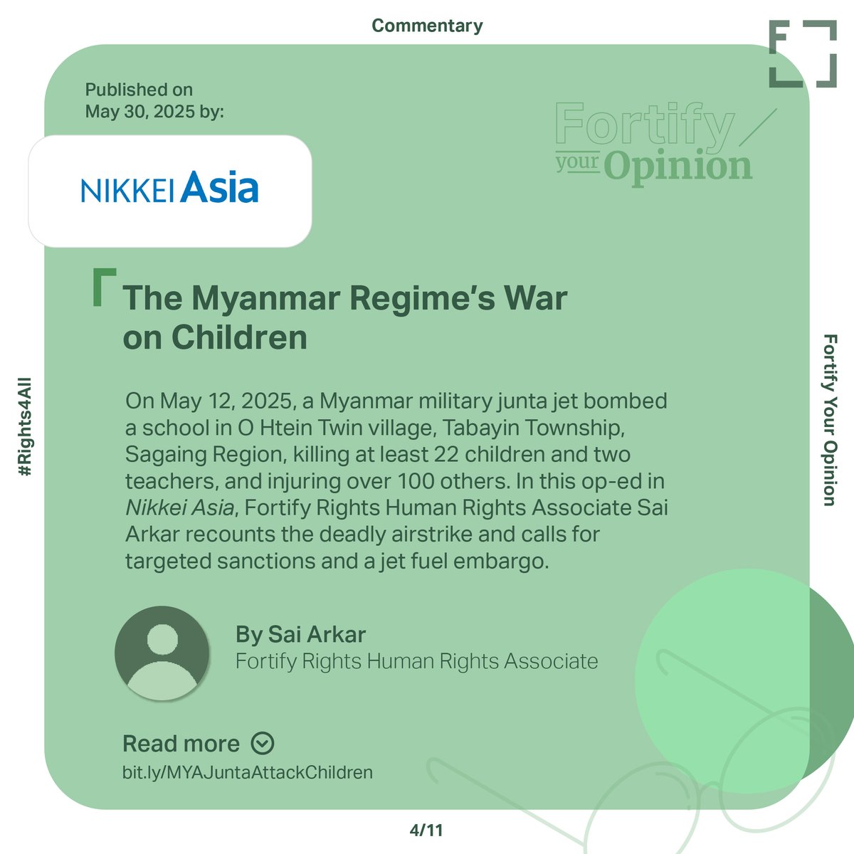 Fortify Rights (@fortifyrights) on Twitter photo In the first half of 2025, <a href="/FortifyRights/">Fortify Rights</a> published 35+ op-eds across leading media outlets—exposing abuses in #Myanmar, #Bangladesh, and beyond, and pushing for rights-based solutions.
Here are 9 pieces that reflect the heart of our work. 🧵1/3 In the first half of 2025, <a href="/FortifyRights/">Fortify Rights</a> published 35+ op-eds across leading media outlets—exposing abuses in #Myanmar, #Bangladesh, and beyond, and pushing for rights-based solutions.
Here are 9 pieces that reflect the heart of our work. 🧵1/3