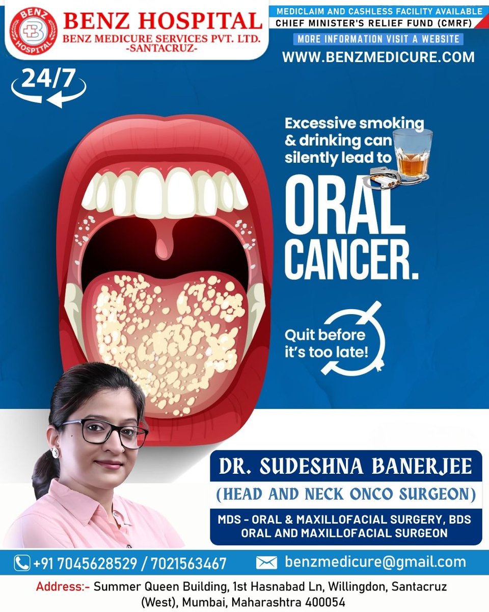Excessive smoking &amp; drinking can silently lead to ORAL CANCER.
Quit before it’s too late.

👩‍⚕️ Consult Dr. Sudeshna Banerjee
(Head &amp; Neck Onco Surgeon | MDS - Oral &amp; Maxillofacial Surgery)

#OralCancerAwareness #QuitSmoking #CancerTreatment #BenzHospital #SantacruzHospital