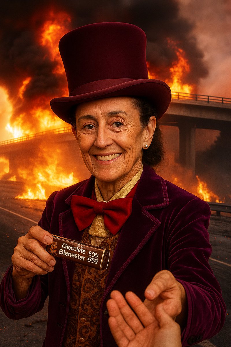 Captan a la #PresidentA #ClaudiaWonka <a href="/Claudiashein/">Claudia Sheinbaum Pardo</a>, repartiendo #ChocolateBienestar en la México-Pachuca pa'l susto, mientras personal de emergencia hace quema controlada de combustible.