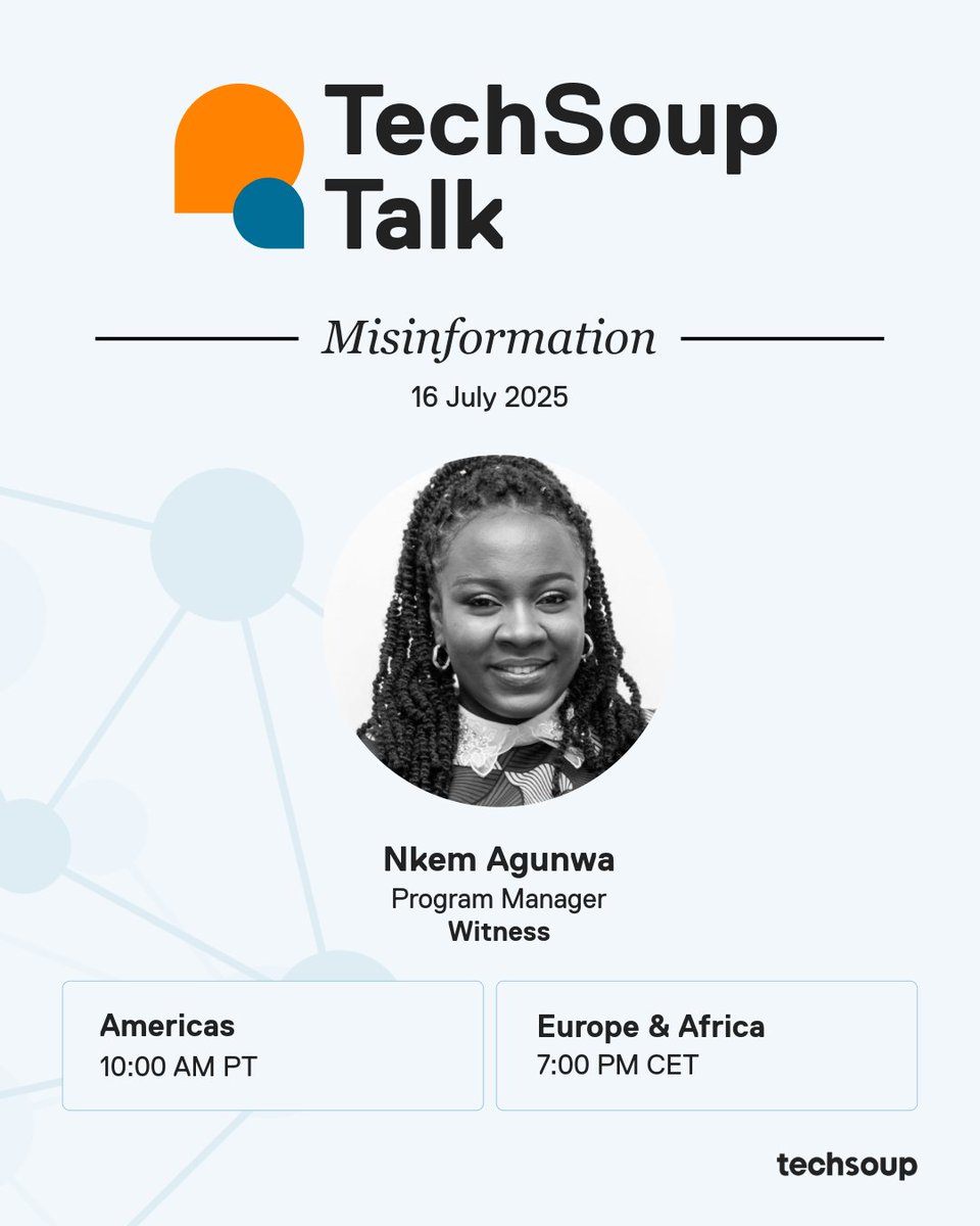 🎤WITNESS’s Senior Program Manager, Nkem Agunwa (<a href="/nkemagunwa/">Nkem Agunwa</a>), is speaking at <a href="/TechSoup/">TechSoup</a> Talks 2025, a global webinar series on digital security, misinformation &amp; storytelling for impact!

📅July 16 | 1:00–1:30 PM EDT
📣 Session: “Misinformation: Truth Deserves Defenders”

🔎Join