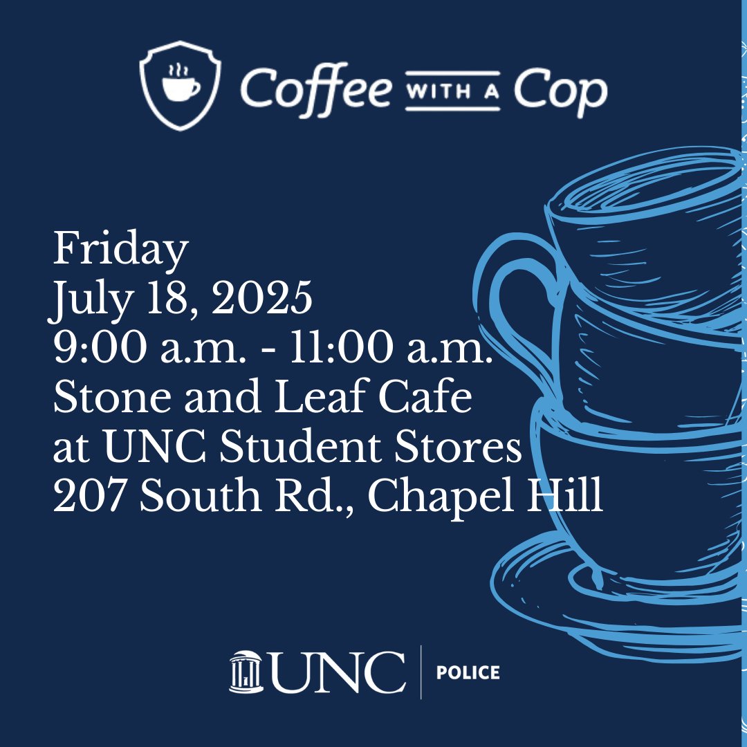 UNC Police (@uncpolice) on Twitter photo Join us, <a href="/uncstudentstore/">UNC Student Stores</a> and your neighbors this Friday, July 18 for coffee and conversation. No agenda, just a chance to ask questions, voice concerns and get to know the officers on campus! For more info, contact Community Services Ofc. Pedro Vasquez at psteven@unc.edu. Join us, <a href="/uncstudentstore/">UNC Student Stores</a> and your neighbors this Friday, July 18 for coffee and conversation. No agenda, just a chance to ask questions, voice concerns and get to know the officers on campus! For more info, contact Community Services Ofc. Pedro Vasquez at psteven@unc.edu.