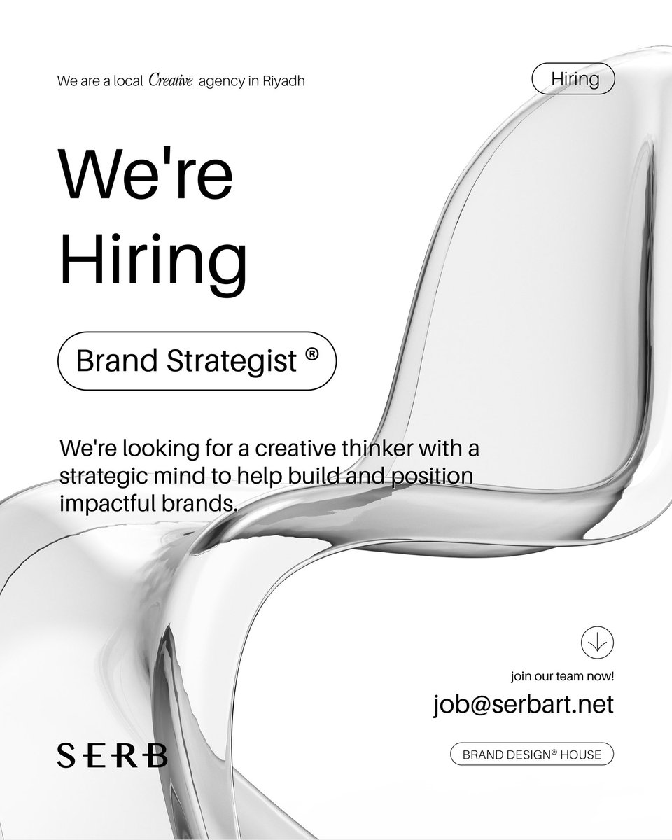 Serb ® | Branding Agency (@serbagency) on Twitter photo We’re Hiring
- 3+ years experience in brand strategy
- Strong research, storytelling & presentation skills
- Bilingual: Arabic & English
- Passion for branding and consumer behavior
📩 Apply now: job@serbart.net
#Hiring #BrandStrategist #RiyadhJobs #CreativeCareers #Branding We’re Hiring
- 3+ years experience in brand strategy
- Strong research, storytelling & presentation skills
- Bilingual: Arabic & English
- Passion for branding and consumer behavior
📩 Apply now: job@serbart.net
#Hiring #BrandStrategist #RiyadhJobs #CreativeCareers #Branding