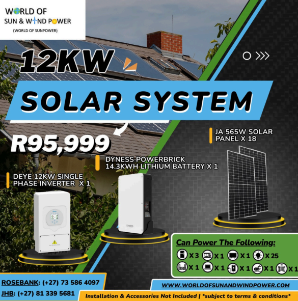 AFSIA_Official's tweet photo. Member News
World of Sun & Wind Power offers a 12KW solar system in Johannesburg, perfect for off-grid homes or commercial use. Includes Deye inverter, Dyness battery, and JA panels.
Contact: +27 73 586 4097 / +27 81 339 5681
More: https://t.co/QGNki8mW2B
#12KWSolarSA #OffGridSA https://t.co/nY3WhhjV6E