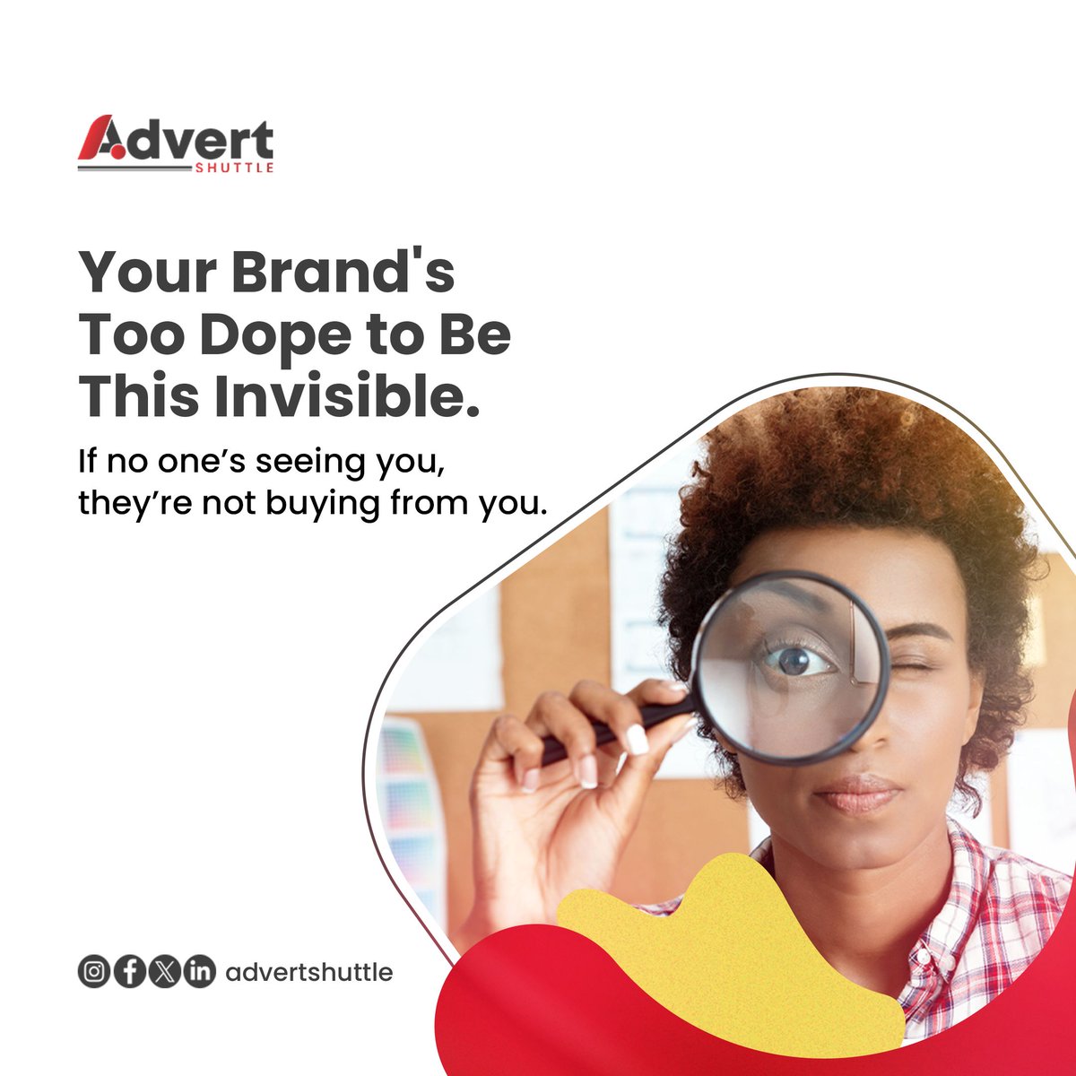 AdvertShuttle's tweet image. If you’re not in the spotlight, you’re missing out on sales! 🥳

Let’s amplify your presence with AdvertShuttle and watch the magic happen. 

Your brand’s too dope to be invisible. 

# GetNoticedToday #AdvertShuttle #DigitalGlowUp