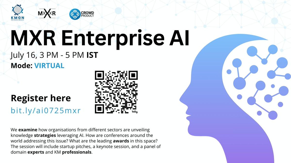 ‘Enterprise AI &amp; #KnowledgeManagement’ – our next MXR (‘mixer’) event is on July 16. Sign up!🙏
Speakers: linkedin.com/feed/update/ur…
Registration: lu.ma/91p6x6dp

#KM #Knowledge #GenAI #AI #innovation #startup #impact #events #KMers #digital #leadership #insights #Bangalore