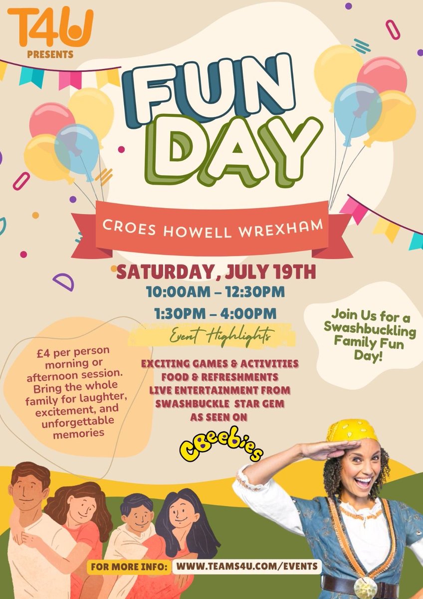 ☀️🥳 <a href="/Teams4u/">Teams4u</a> is a charity close to my heart and it is holding a fantastic family fun day at the <a href="/CroesWxm/">Croes Howell</a> this Saturday (19 July) 🥳☀️

Tickets cost £4 per person and all the money raised will go towards a very worthy cause.