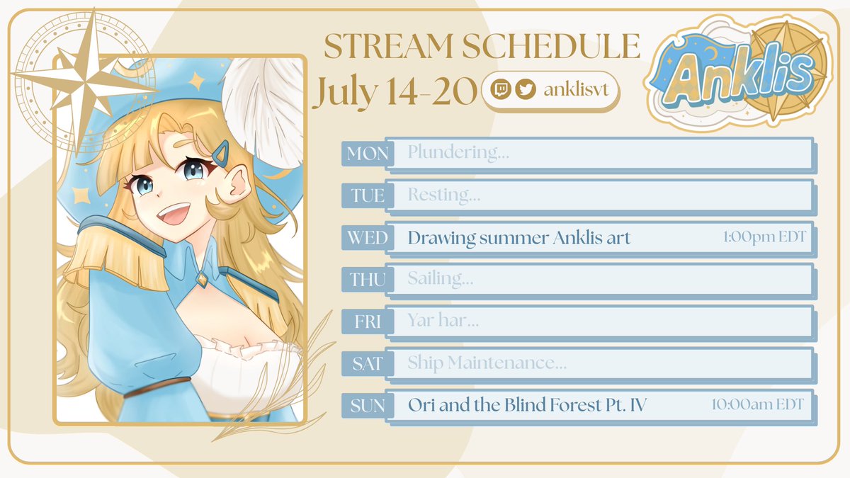 AnklisVT's tweet image. 💫✧･Stream Schedule [July 14-20] ･✧💫

☁️#ARTklis
🩵 #AnkClips

This week we’re drawing some summer art (maybe also making some emotes) and catching up on ORI!!!!