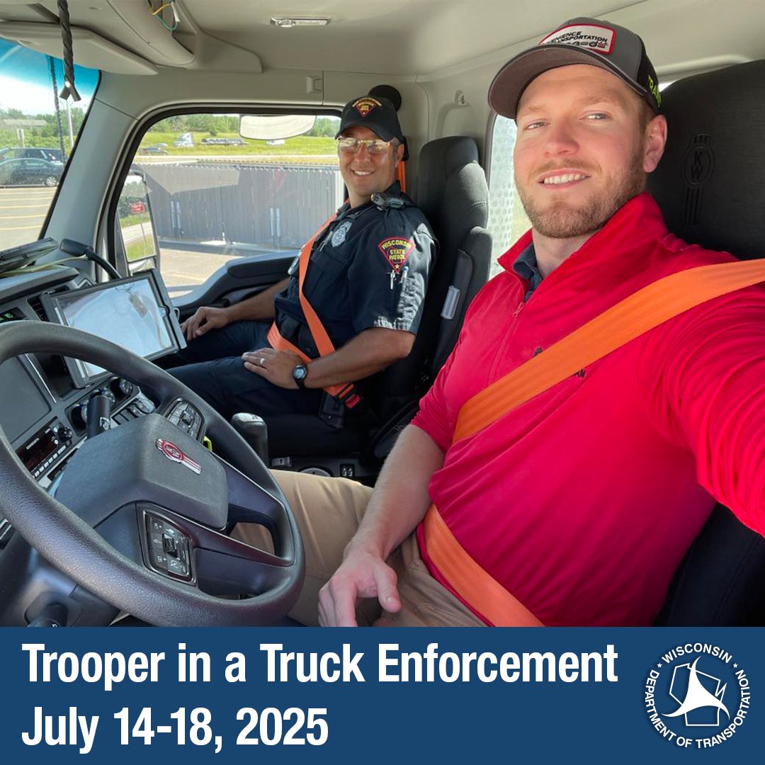 Wisconsin DOT (@wisconsindot) on Twitter photo The <a href="/wistatepatrol/">Wisconsin State Patrol</a> is teaming up with the Wisconsin Motor Carriers Association (WMCA) for the annual Trooper in a Truck campaign. Starting today (7-14), troopers will ride with truck drivers to look for dangerous driving behaviors. wisconsindot.gov/Pages/about-wi… The <a href="/wistatepatrol/">Wisconsin State Patrol</a> is teaming up with the Wisconsin Motor Carriers Association (WMCA) for the annual Trooper in a Truck campaign. Starting today (7-14), troopers will ride with truck drivers to look for dangerous driving behaviors. wisconsindot.gov/Pages/about-wi…