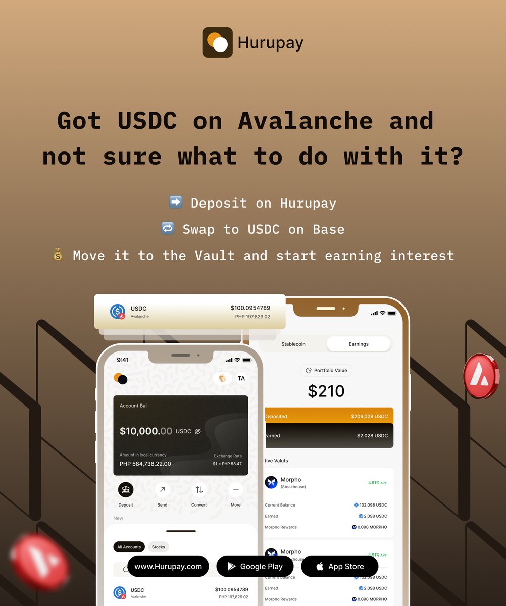 Imagine if your idle money could earn you passive income on Hurupay? No trading required, just depositing and earning upto 8% APY. 

How it works:

✅ Deposit your USDC/USDT into a Vault
✅ Your funds are lent out via trusted DeFi protocol Morpho
✅ You earn a portion of the