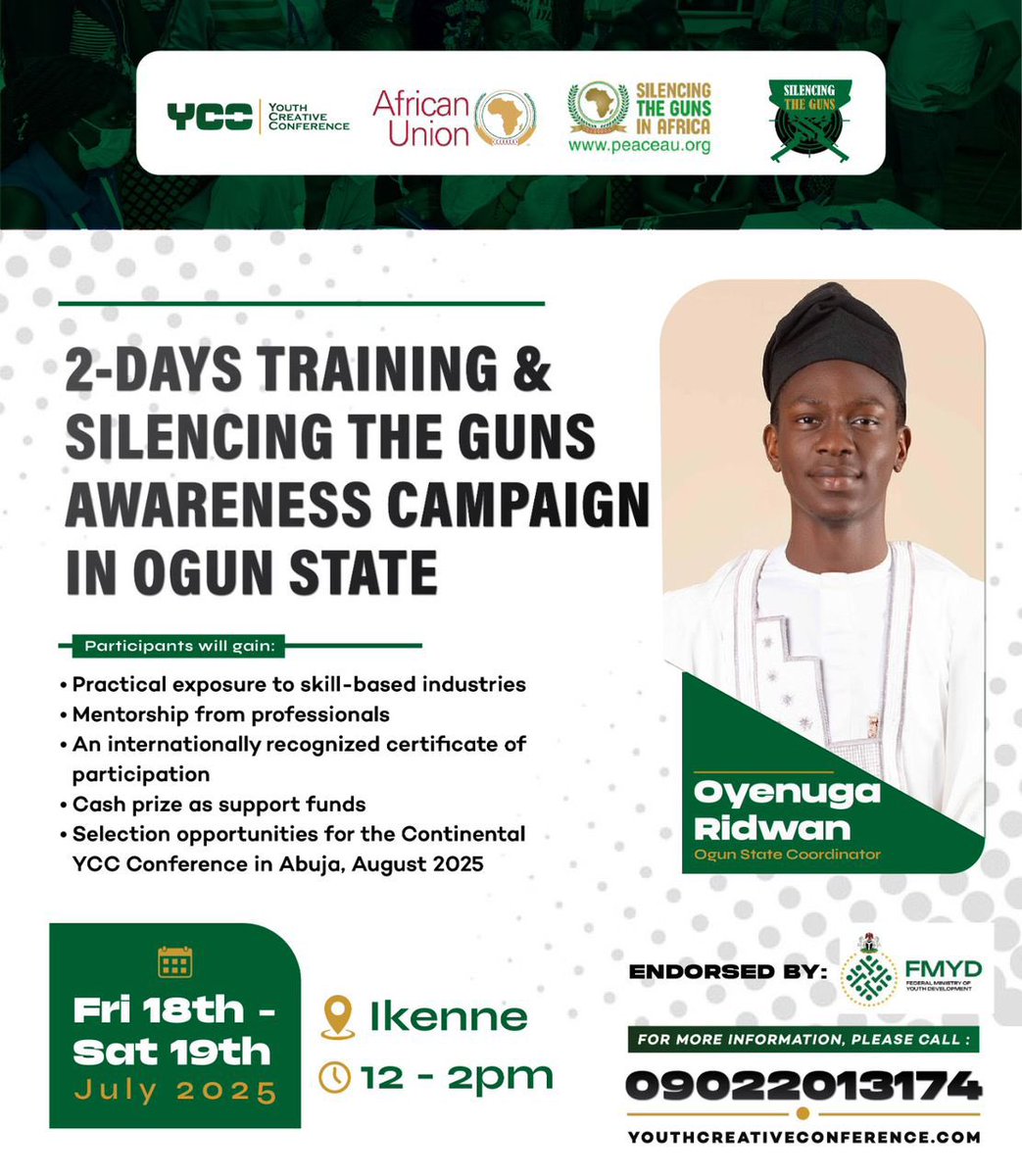 Ogun Youths!  Are You Ready 🔥 2 days of skills, mentorship &amp; big opportunities in Ikenne. Earn a certificate, win cash prizes &amp; get a chance to join the Continental YCC Abuja! 🚀 Don’t miss out — Be part of the movement! ✊