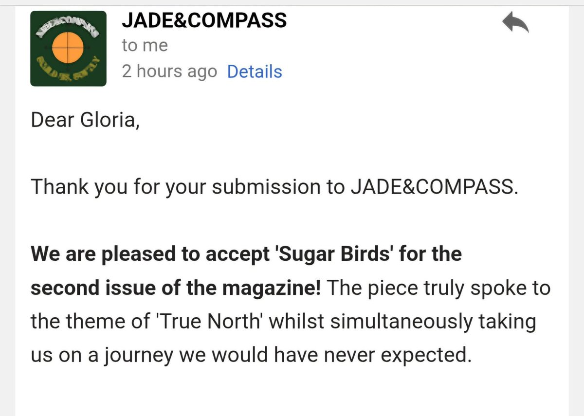 AuthorGloriaOgo's tweet photo. My poem "Sugar Birds" accepted for publication by Jade &amp; Compass Magazine
@jadeandcompass 

#Chelsea
#JHOPE 
#RCDE https://t.co/Ipfx7lmSr3