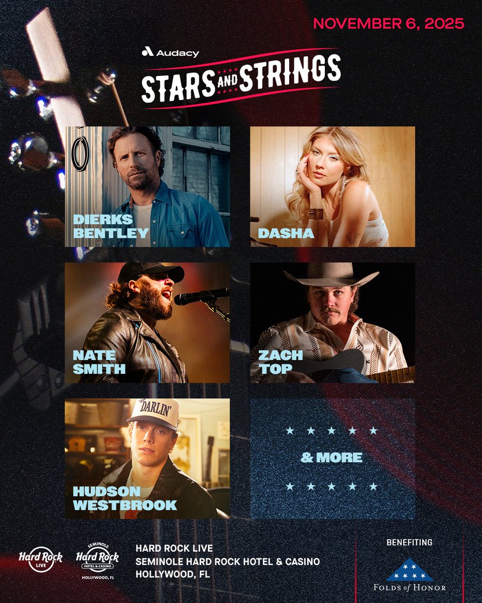 KISS Country 99.9 (@kisscountry999) on Twitter photo <a href="/Audacy/">Audacy</a>'s #StarsAndStrings is back starring @dierksbentley, <a href="/dasha_music/">Dasha_Music</a>, <a href="/natesmithsongs/">Nate Smith</a>, @zachtopmusic, @hudsonwmusic & more on Thu 11/6 at <a href="/HardRockHolly/">Seminole Hard Rock Hollywood</a> in South Florida! 
 Tix on sale Fri, 7/18 at 10 AM ET: auda.cy/SSTix2025 <a href="/Audacy/">Audacy</a>'s #StarsAndStrings is back starring @dierksbentley, <a href="/dasha_music/">Dasha_Music</a>, <a href="/natesmithsongs/">Nate Smith</a>, @zachtopmusic, @hudsonwmusic & more on Thu 11/6 at <a href="/HardRockHolly/">Seminole Hard Rock Hollywood</a> in South Florida! 
 Tix on sale Fri, 7/18 at 10 AM ET: auda.cy/SSTix2025