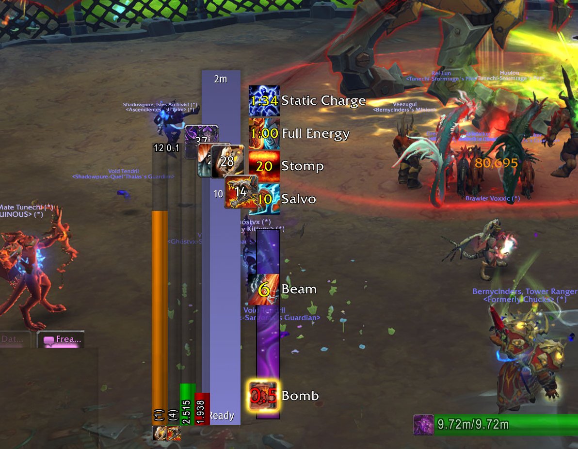 Raidfather's tweet image. I cobbled together this unholy amalgamation of my main DPS cooldowns/buffs/pets and all the raid mechanics onto a single Guitar Hero style timeline in WoW. Turns out I don't have enough brainpower to use all that information though..