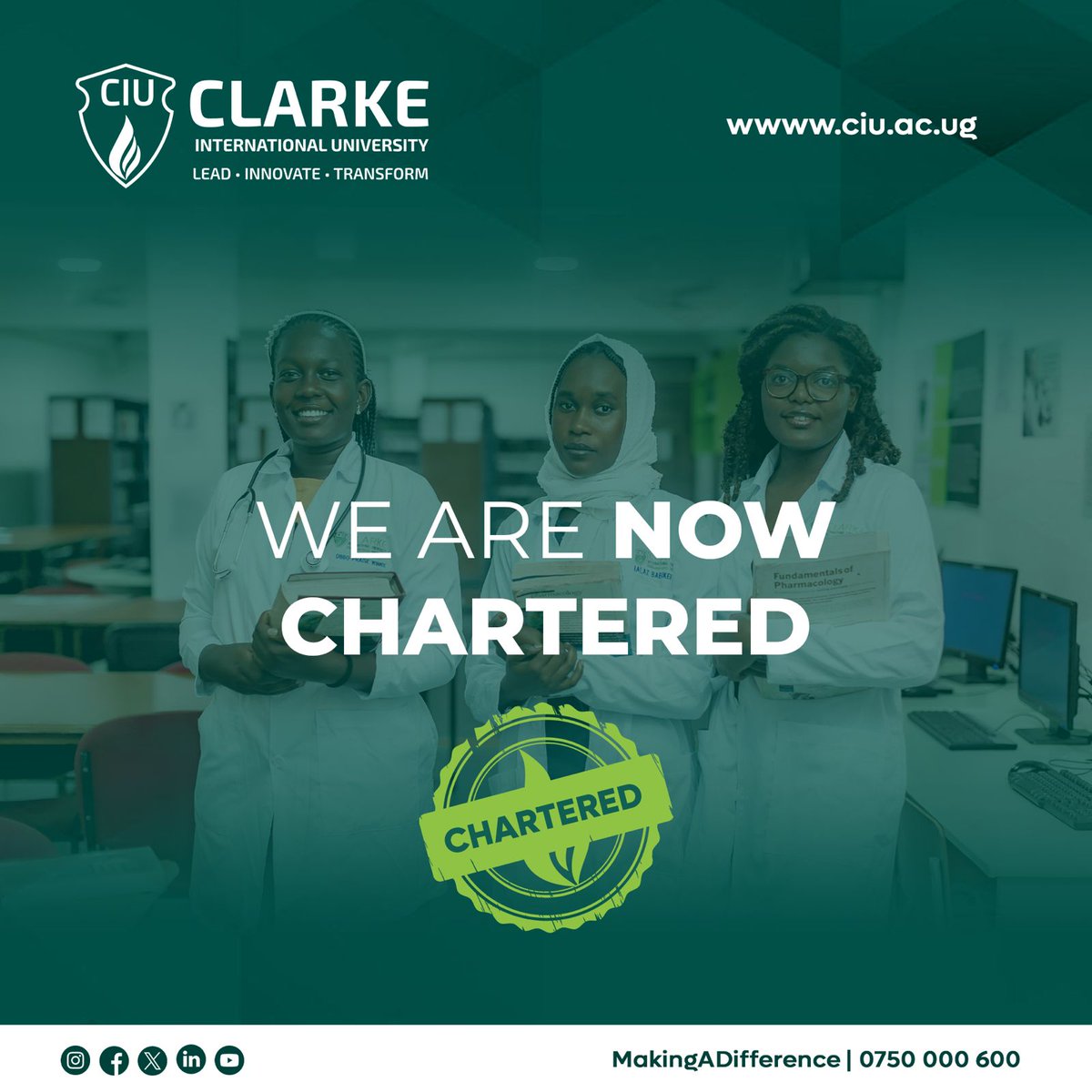 #CIU is now #OFFICIALLY #CHARTERED by the <a href="/GovUganda/">Government of Uganda</a>! This milestone marks a new era of excellence, integrity, and innovation in higher education. Thank you to everyone who has been part of the CIU journey — the future is brighter than ever!
 #CIU #Lead #Innovate