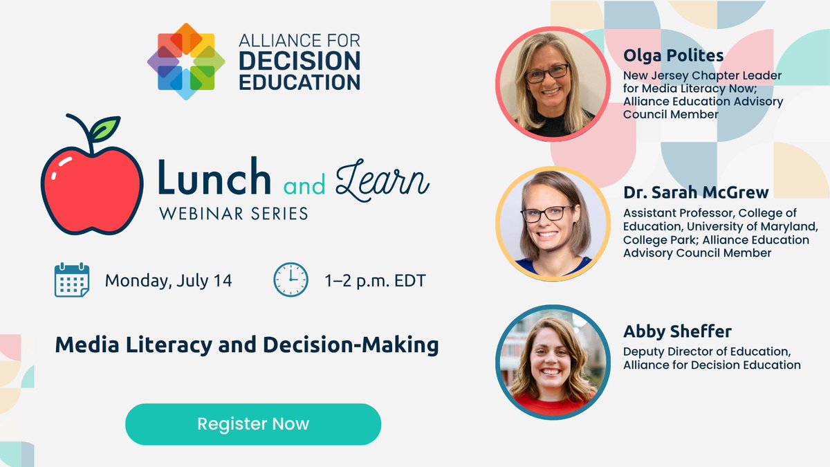 AllDecisionEd's tweet image. Join our Lunch and Learn webinar today to explore how educators can equip students to carefully analyze the information they consume and make reasoned, informed decisions in their academic, civic, and personal lives. Register now! alliancefordecisioneducation.org/2025-lunch-and…