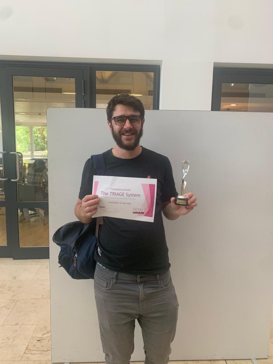 Oxford_Trauma's tweet image. Our IT and programming specialists were honoured at the @OCTRUctu Summer Meeting last week - they won Innovation of the Year for the TRIAGE system. Huge well done to Duncan Appelbe and Jonathon Merrill 👏🥳