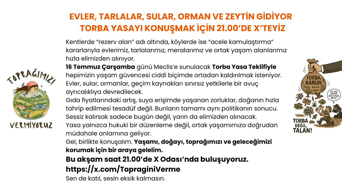 Bu akşam saat 21:00'de X sohbet odasındasında buluşuyoruz. 

Süper Talan Yasası üzerine konuşacağımız sohbete herkesi bekliyoruz. 
#İşgalYasasınıGeriÇek
#ToprağımızıVermiyoruz
x.com/i/spaces/1BRKj…