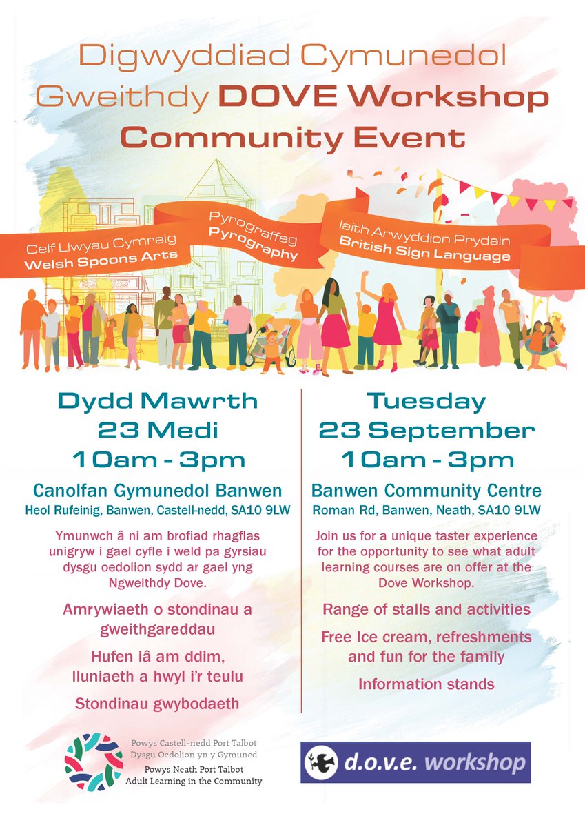 🎉 Looking for a free family day out? 🎉
Join us at Banwen Community Centre on Tuesday September 23rd for a fun and friendly community event, packed with taster sessions, creative workshops, and free refreshments! 🍦🎨

1/2