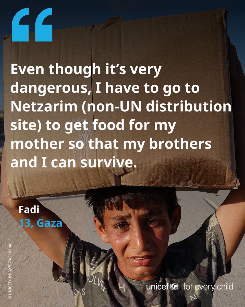 UNICEFmena's tweet image. Extreme hunger in Gaza is a direct result of life-saving aid being prevented from entering at the speed and scale needed. It is forcing children like Fadi, 13, in #Gaza to risk their lives for a box of food.
The United Nations must be allowed to deliver aid of all types at scale…