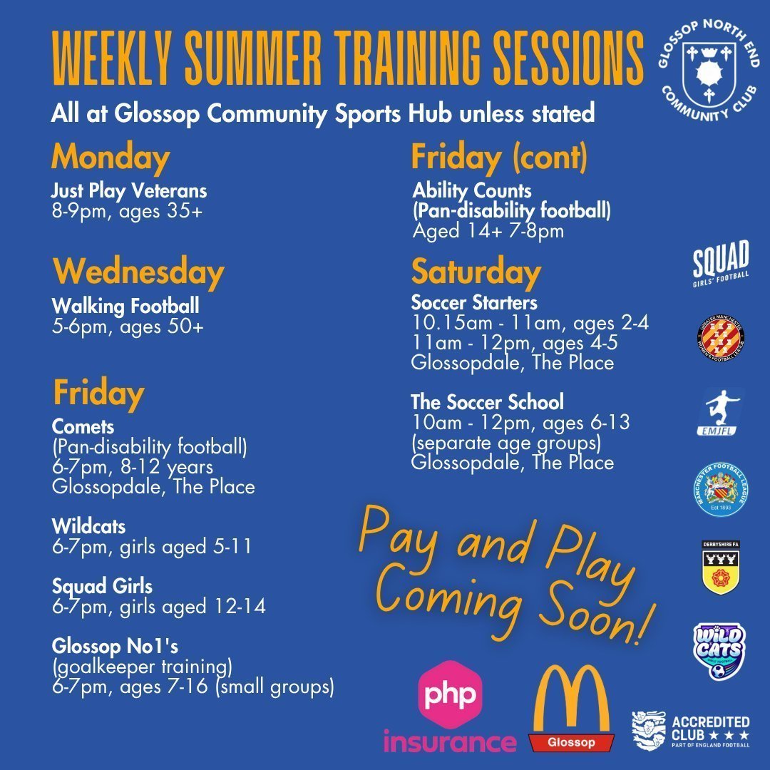 Here are our regular training sessions, all at the #Glossop Community Sports Hub (unless stated). We'll post on socials if any sessions are cancelled, so do check.
#BestWeCanBe #PlayForYourTown #LoveTheGame