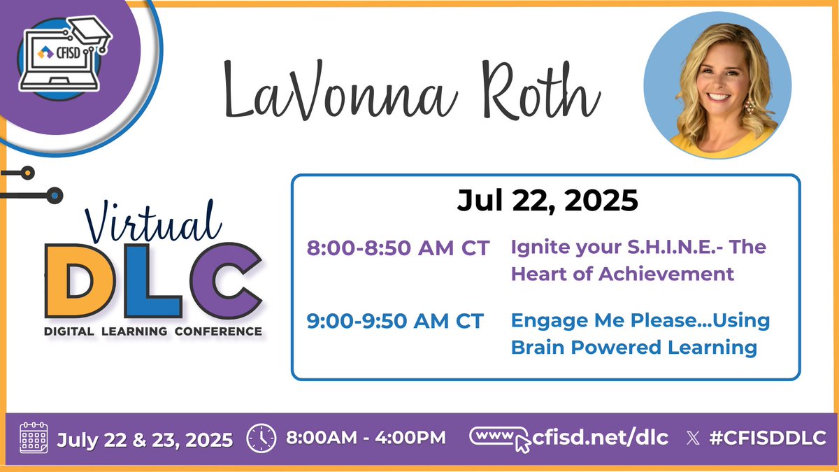 CyFairEdTech's tweet image. 🌟 We’re excited to have Lavonna Roth join us at the CyFair EdTech Conference on July 22-23! ✨ Don’t miss her session on creating meaningful, engaging learning experiences through technology.
It’s going to be an inspiring event!
#CFISDDLC @CyFairEdTech