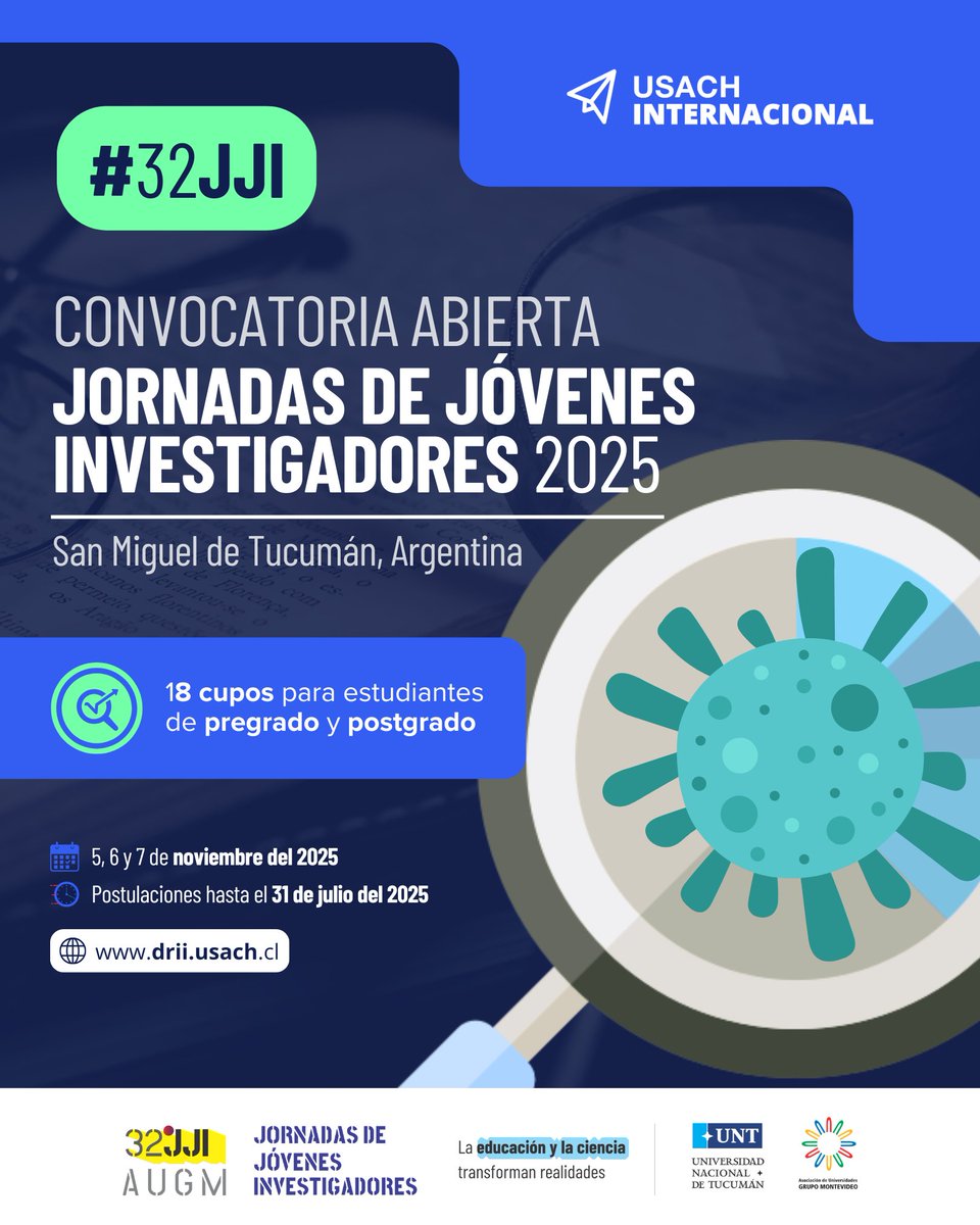 Invitamos a estudiantes de pre y postgrado con investigaciones que hayan terminado durante sus estudios en la #Usach (o que al menos cuenten con resultados parciales) a postular a las 32° Jornadas de Jóvenes Investigadores de #AUGM. 🇦🇷 

ℹ️ lnkd.in/dQn84hQV