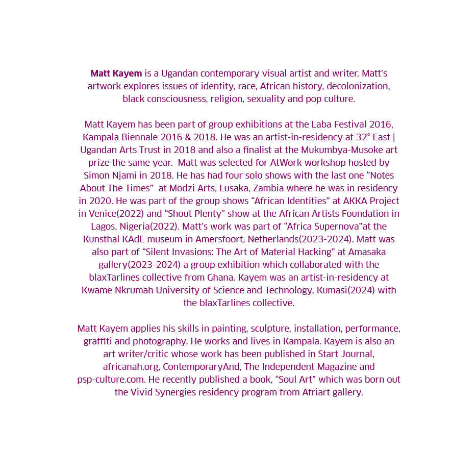 GZ_Kampala's tweet image. We’re excited to introduce the first artist in this year&apos;s selection for our Research Lab! 
Matt Kayem is a visual artist and writer whose work explores identity and African history. He will be mentored while developing research for his project.
#ResearchLab #GZK