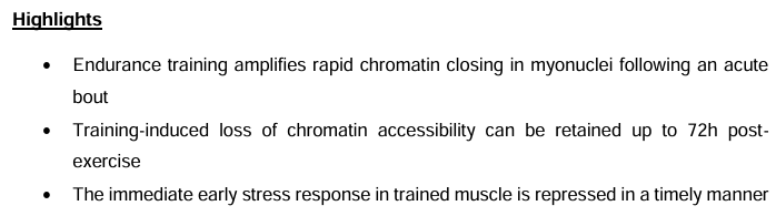 DrMyohead's tweet image. Endurance training promotes chromatin closure and timely repression of the post-exercise immediate early stress response
doi.org/10.1016/j.molm…