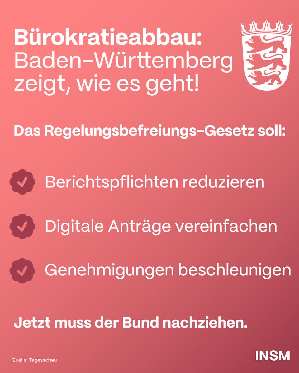 INSM (@insm) on Twitter photo Schon der Name klingt vielversprechend: Regelungsbefreiungsgesetz. In Baden-Württemberg sollen Kommunen von rechtlichen Vorgaben abweichen können. Bürokratieabbau im Realtest. Bitte für ganz Deutschland! <a href="/IMbawue/">Innenministerium BW</a> Schon der Name klingt vielversprechend: Regelungsbefreiungsgesetz. In Baden-Württemberg sollen Kommunen von rechtlichen Vorgaben abweichen können. Bürokratieabbau im Realtest. Bitte für ganz Deutschland! <a href="/IMbawue/">Innenministerium BW</a>