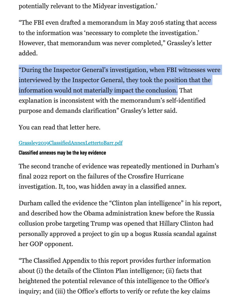 For the record, I have not been a source for this or any other story mentioning the classified appendix to the <a href="/JusticeOIG/">DOJ Inspector General</a>'s Clinton e-mail report.

However, I will state publicly—without revealing anything I'm legally obligated to keep confidential—that as <a href="/ChuckGrassley/">Chuck Grassley</a>'s chief