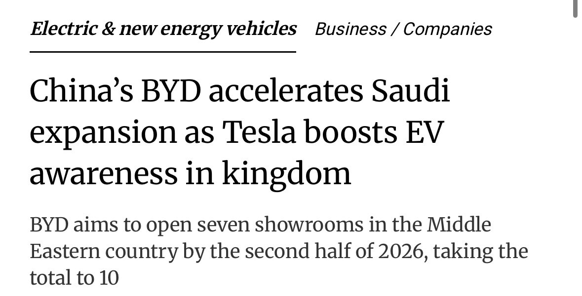 chinainmena's tweet image. “BYD, which launched in Saudi Arabia last year and currently runs three showrooms there, aims to open another seven locations by the second half of 2026, according to Jerome Saigot, managing director for Saudi Arabia.
The firm expects to sell more than 5,000 vehicles this year…