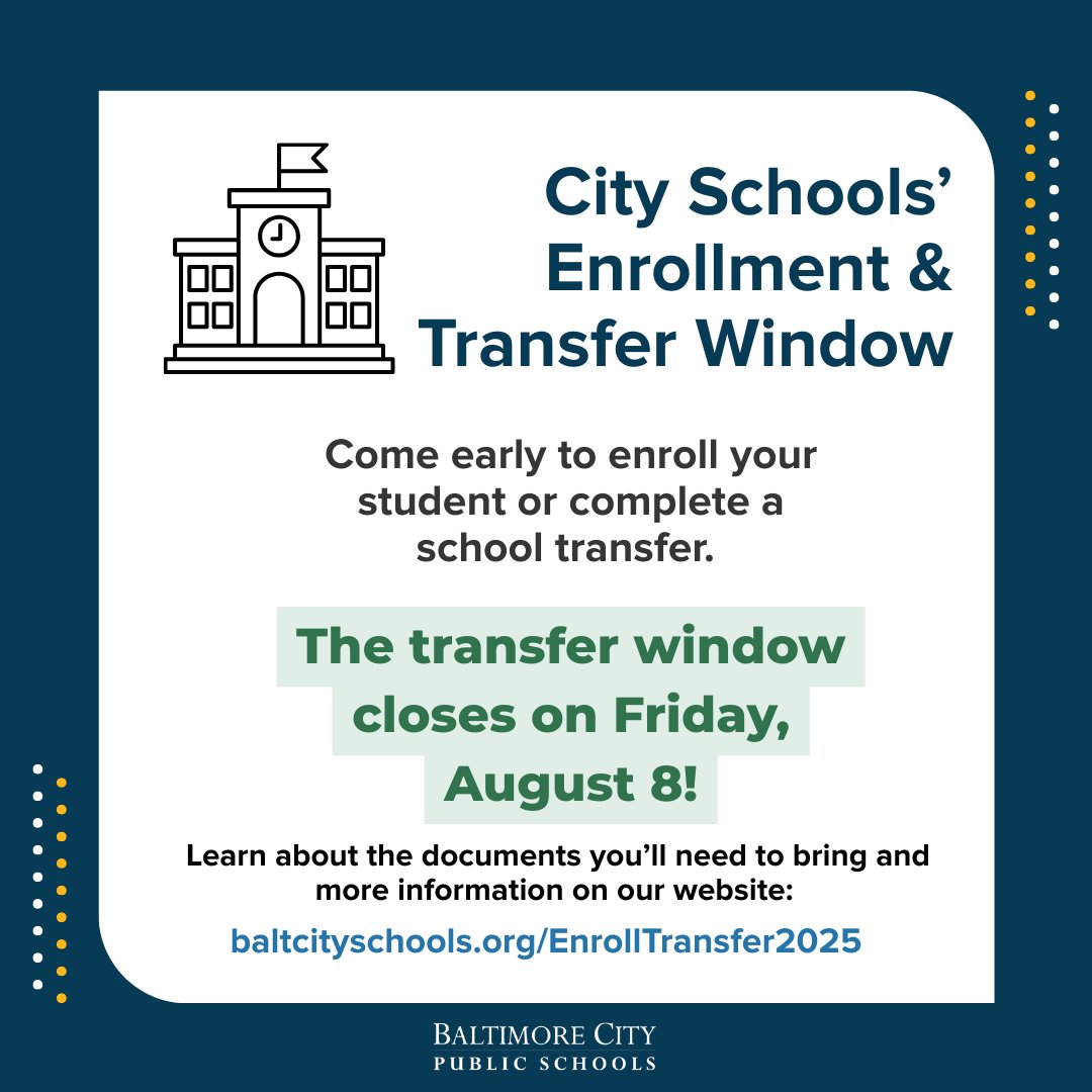 BaltCitySchools's tweet image. The enrollment and transfer window is now open! City Schools will not accept new transfer or interdistrict requests after Thursday, August 8.
Don’t delay and come in now if you need help enrolling or transferring your student!
Visit 200 E. North Avenue for in-person support:
•…