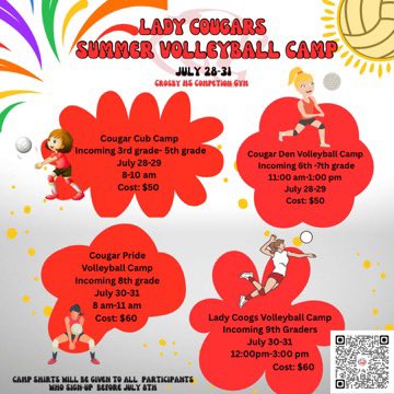 CrosbyISD's tweet image. 📣 Calling all rising 3rd–9th grade Lady Cougars interested in athletics!
Check out the flyer below for details about an exciting and fun upcoming volleyball camp opportunity. #CommittedToStudents