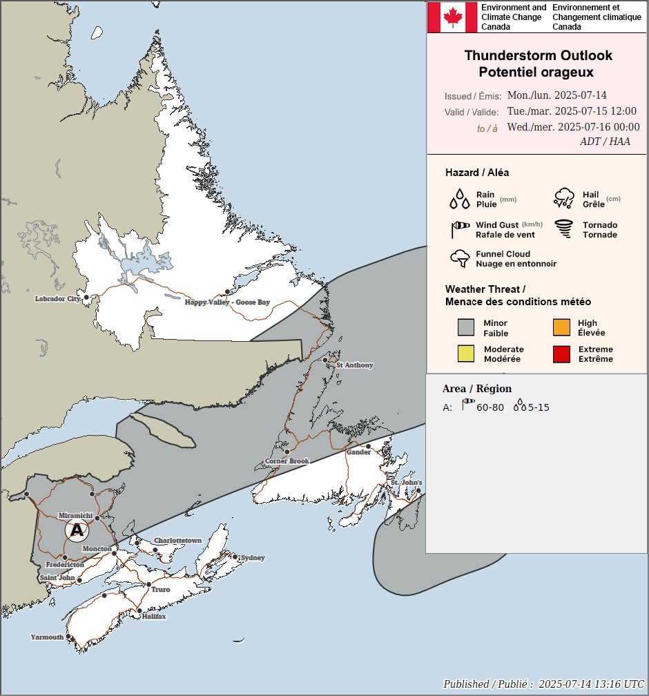 ECCCWeatherNB's tweet image. ❕Convective Outlooks for Today and Tomorrow. ⚡Stay weather aware! #NBStorm ow.ly/pbbi50Wp8Tt