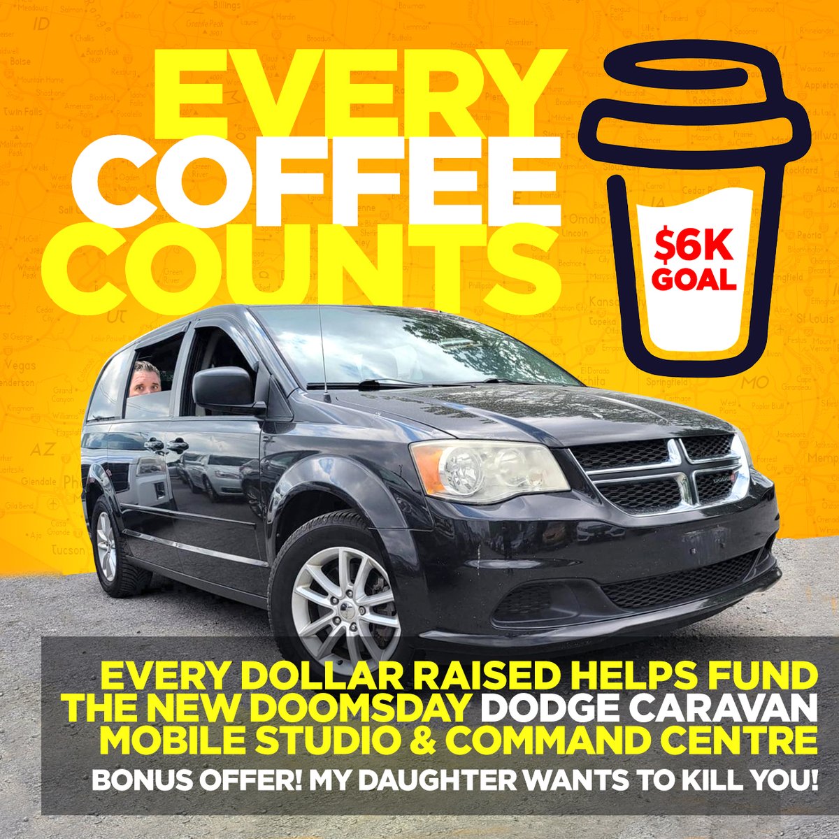 The Spite Car is Dead. Long Live the (soon-to-be) NEW Doomsday Dodge Caravan Mobile Studio &amp; Command Centre. PLUS, my daughter will animate the death of the greatest donor! 

buymeacoffee.com/doomsday/fundr…