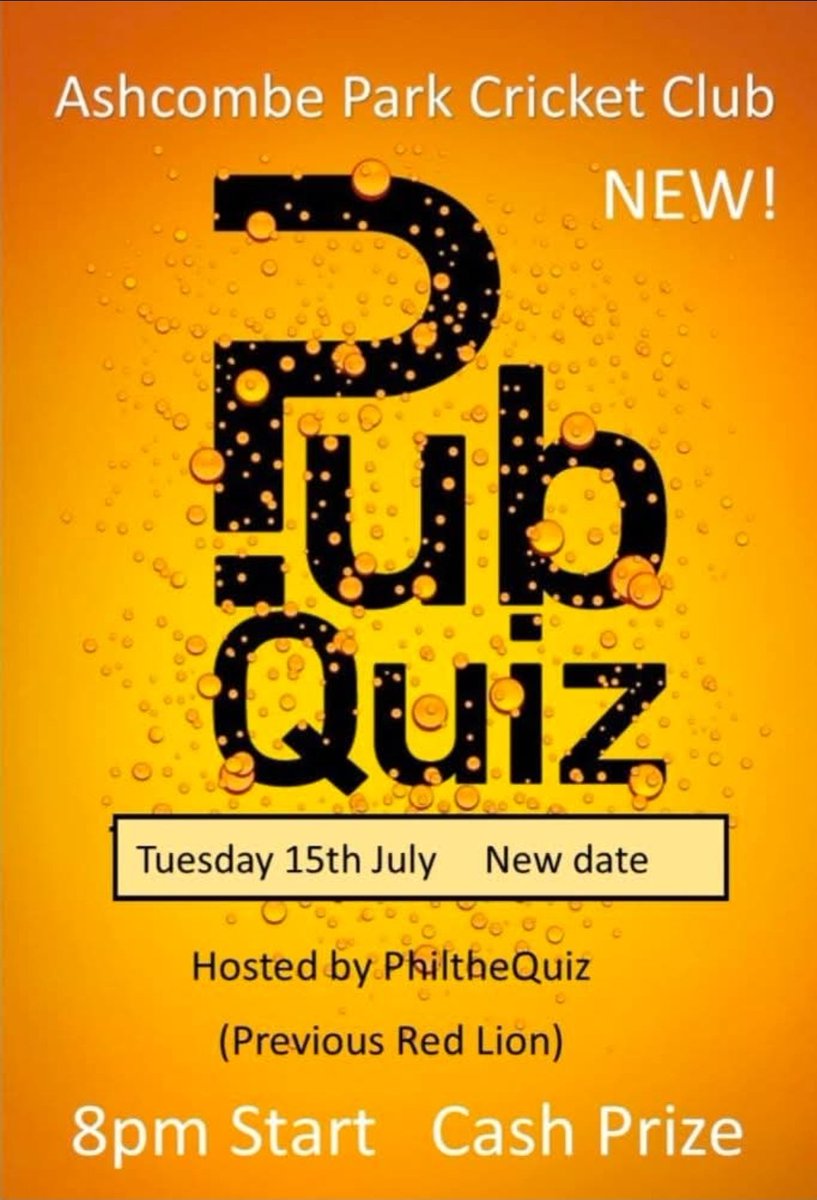Ashcombe Park CC (@ashcombeparkcc) on Twitter photo Tuesday night quiz 8pm start, cash prize. Tuesday night quiz 8pm start, cash prize.