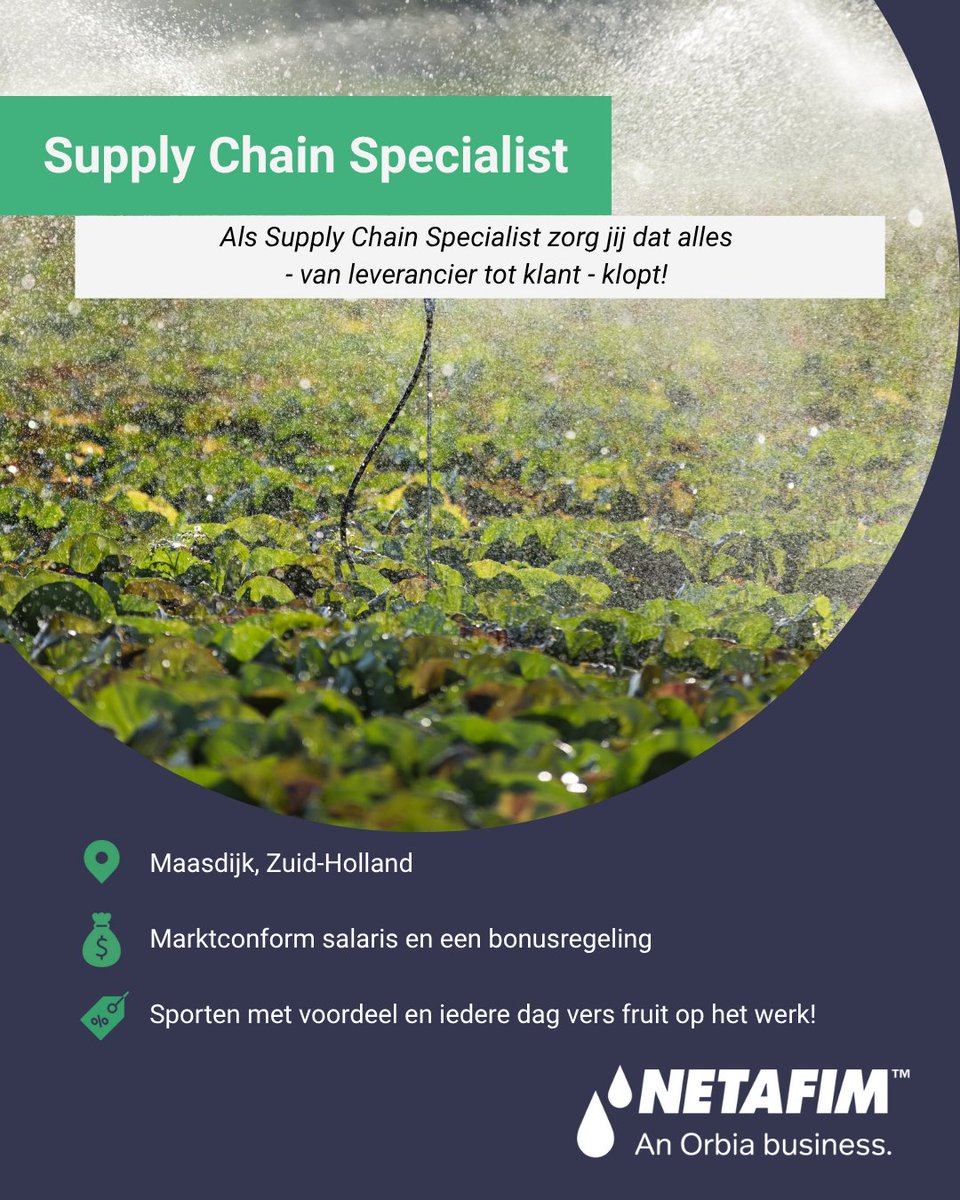 𝐕𝐚𝐜𝐚𝐭𝐮𝐫𝐞 𝐢𝐧 𝐝𝐞 𝐬𝐩𝐨𝐭𝐥𝐢𝐠𝐡𝐭
😎 Ben jij sterk in plannen, schakelen en overzicht houden?
Als Supply Chain Specialist ben jij dé Schakel tussen logistiek, inkoop en productie. Je zorgt voor soepele binnenkomst en levering naar de klant comeet.com/jobs/netafim/B…