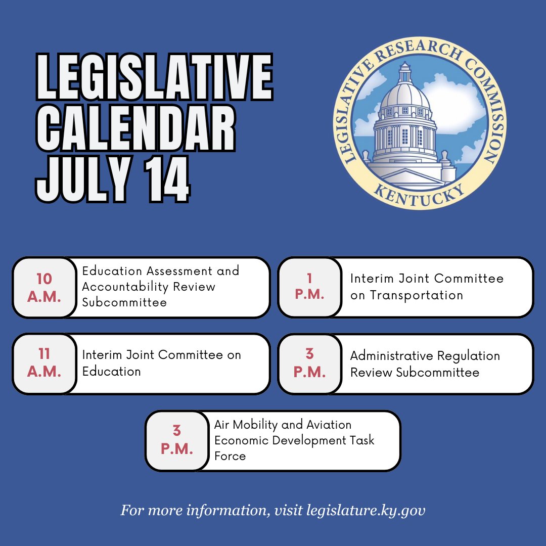 Happy Monday! For more information on today's legislative calendar, visit apps.legislature.ky.gov/LegislativeCal…. Today's meetings will be livestreamed on ket.org/legislature and youtube.com/@KYLRCCommitte… #kyinterim25