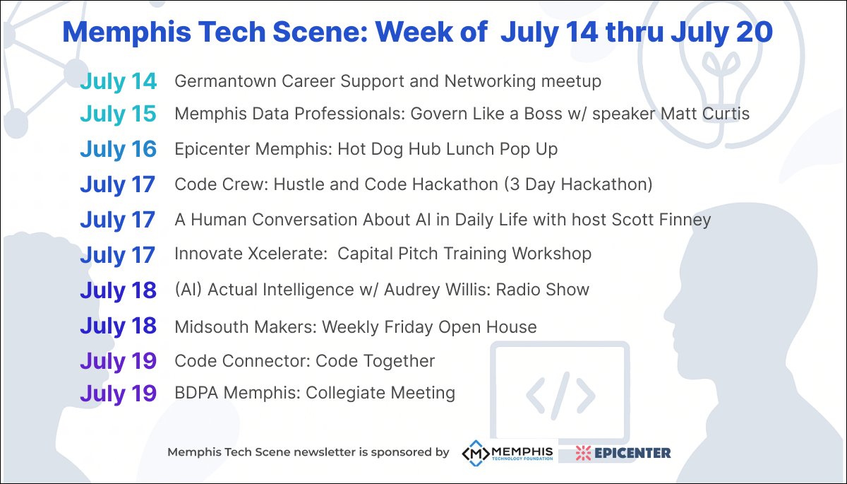 JCSmiley4's tweet image. Memphis Tech Week Calendar π₯ July 14β19:
Career tips, data talks, networking pop ups, AI chats, hackathons, maker tours & more!
ποΈ ππͺπ―π₯ π¦π·π¦π―π΅ π₯π¦π΅π’πͺππ΄ π©π¦π³π¦: bit.ly/3TCQ7JV