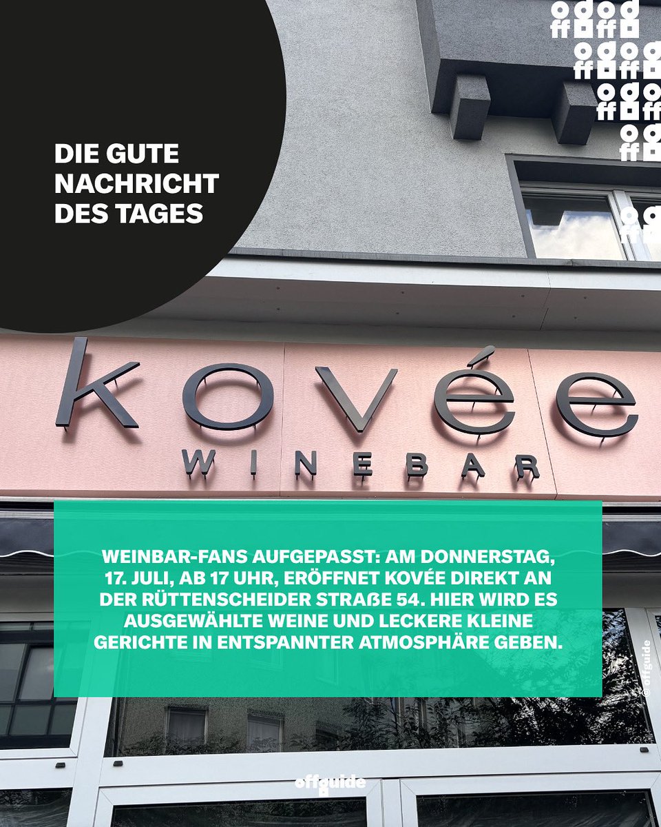 offguide's tweet image. Rüttenscheid hat bald eine neue Weinbar. Die Rede ist von Kovée Winebar, einer kleinen und entspannten – und von außen eher unscheinbaren – Weinbar auf der Rüttenscheider Straße. Zur Eröffnung gibt‘s ein Glas Sekt aufs Haus!
#foodnews #essenruhr #essencity #offguide