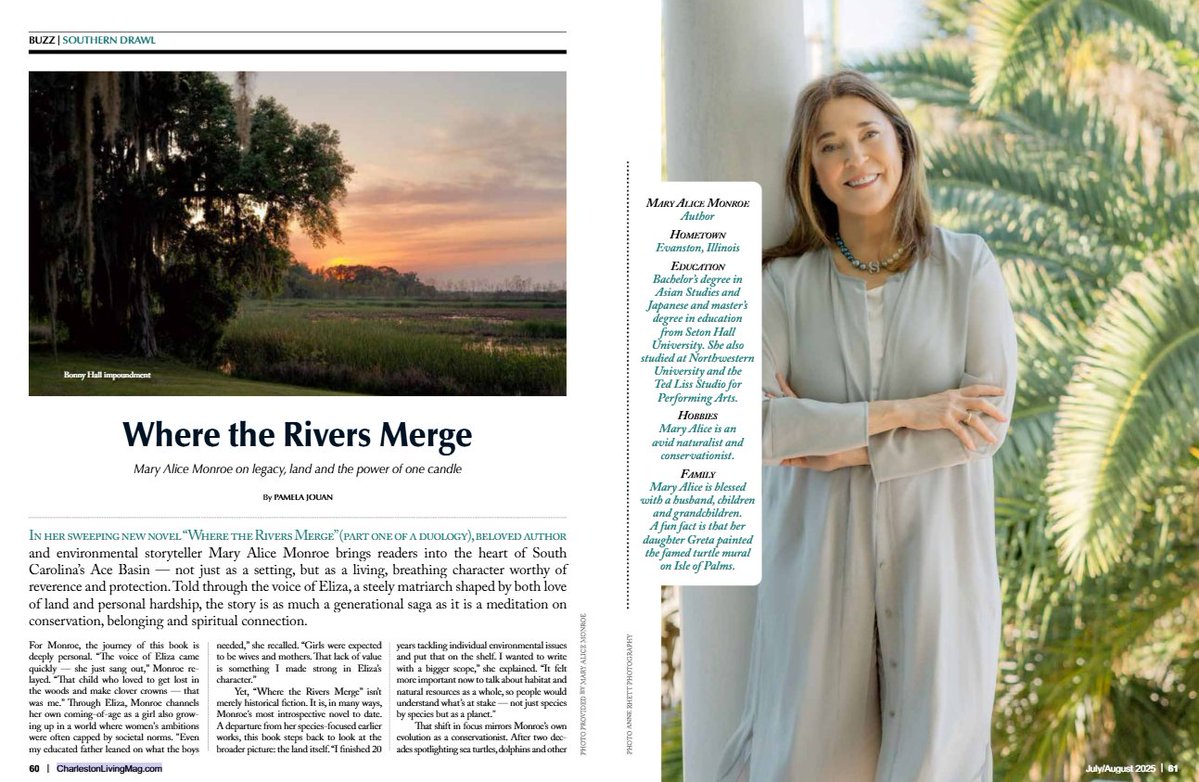 Mary Alice Monroe (@maryalicemonroe) on Twitter photo I'm proud to be featured in the latest issue of <a href="/ChasLivingMag/">CharlestonLivingMag</a> about the inspiration behind my new novel, Where the Rivers Merge, and the journey that brought it to life. Article on pg.60
yumpu.com/en/document/re…
#WhereTheRiversMerge #CharlestonLiving #SummerReads #BookLovers I'm proud to be featured in the latest issue of <a href="/ChasLivingMag/">CharlestonLivingMag</a> about the inspiration behind my new novel, Where the Rivers Merge, and the journey that brought it to life. Article on pg.60
yumpu.com/en/document/re…
#WhereTheRiversMerge #CharlestonLiving #SummerReads #BookLovers