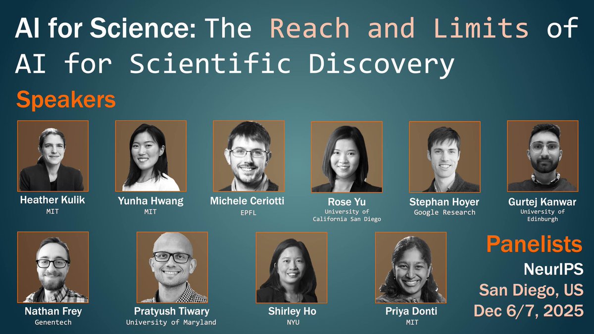 AI_for_Science's tweet image. AI for Science will be returning to @NeurIPSConf 2025! We aim to bring together scientists and AI researchers to discuss the reach and limits of AI for Scientific Discovery 🚀
📖 Workshop submission deadline: Aug 22
💡 Dataset proposal competition: more details coming soon