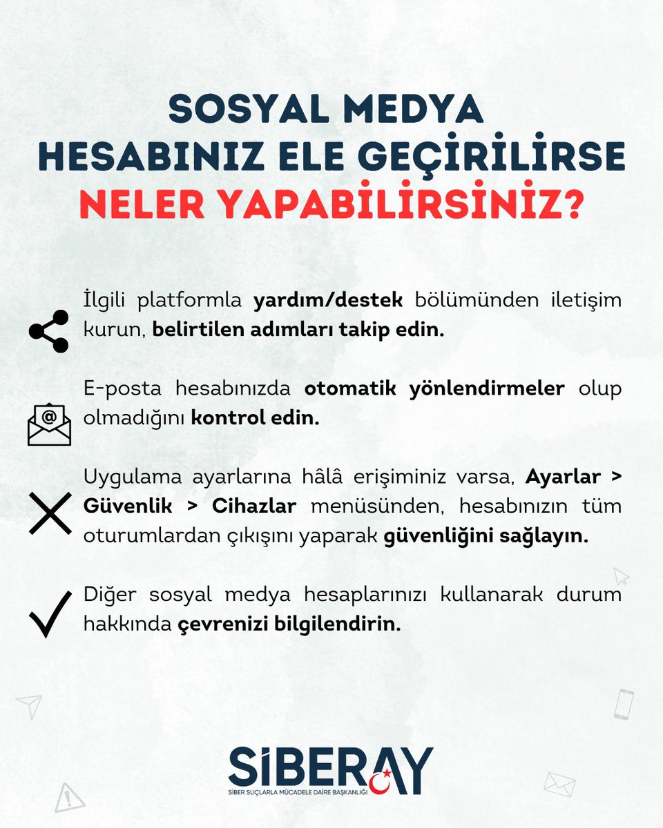 🔐 Sosyal medya hesabınızın ele geçirilmesi durumunda neler yapabilirsiniz❓

#SİBERAYUyarıyor
#SİBERAY🌙