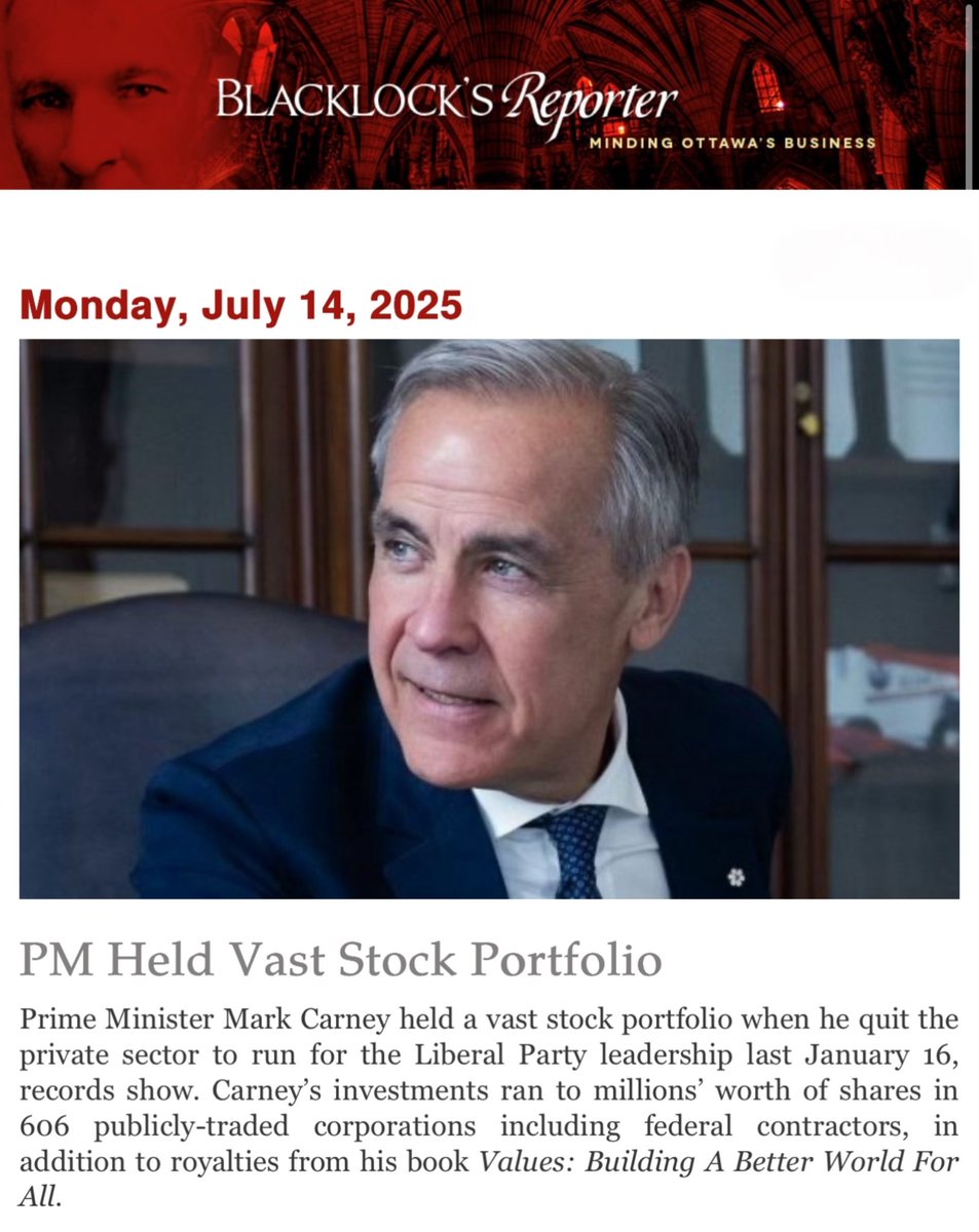 MikeBarrettON's tweet image. We knew it was bad—but not this bad when PM Carney’s officials said they’re working to “manage all the conflicts”.
Mr. Carney and his Cabinet know the dozens of investments in the “blind trust”.
He should sell his holdings and have a trustee invest in a truly blind trust.